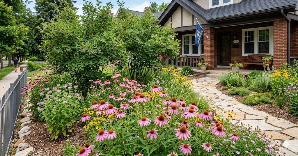 Native serviceberry and coneflowers in a Milwaukee front yard landscape.