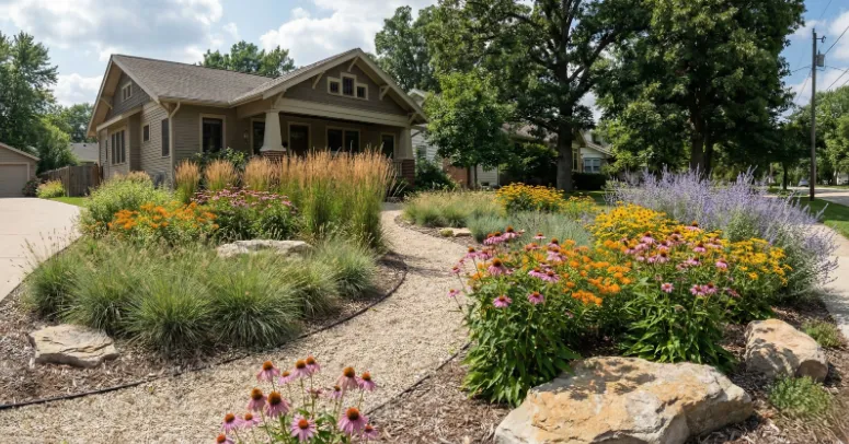 Beautiful Waukesha yard with drought-tolerant landscaping using native grasses and colorful perennials
